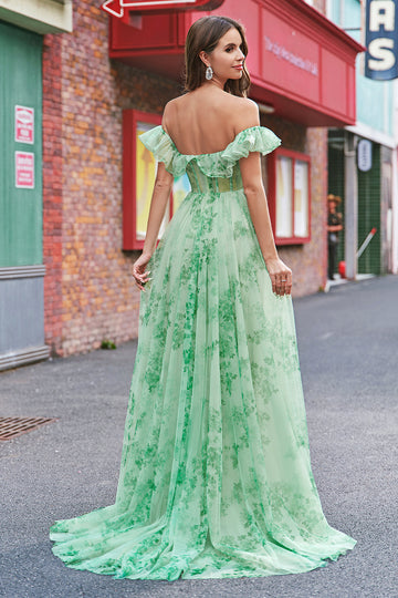 Floral Une ligne dénudée Corset épaule longue Robe De Soirée verte